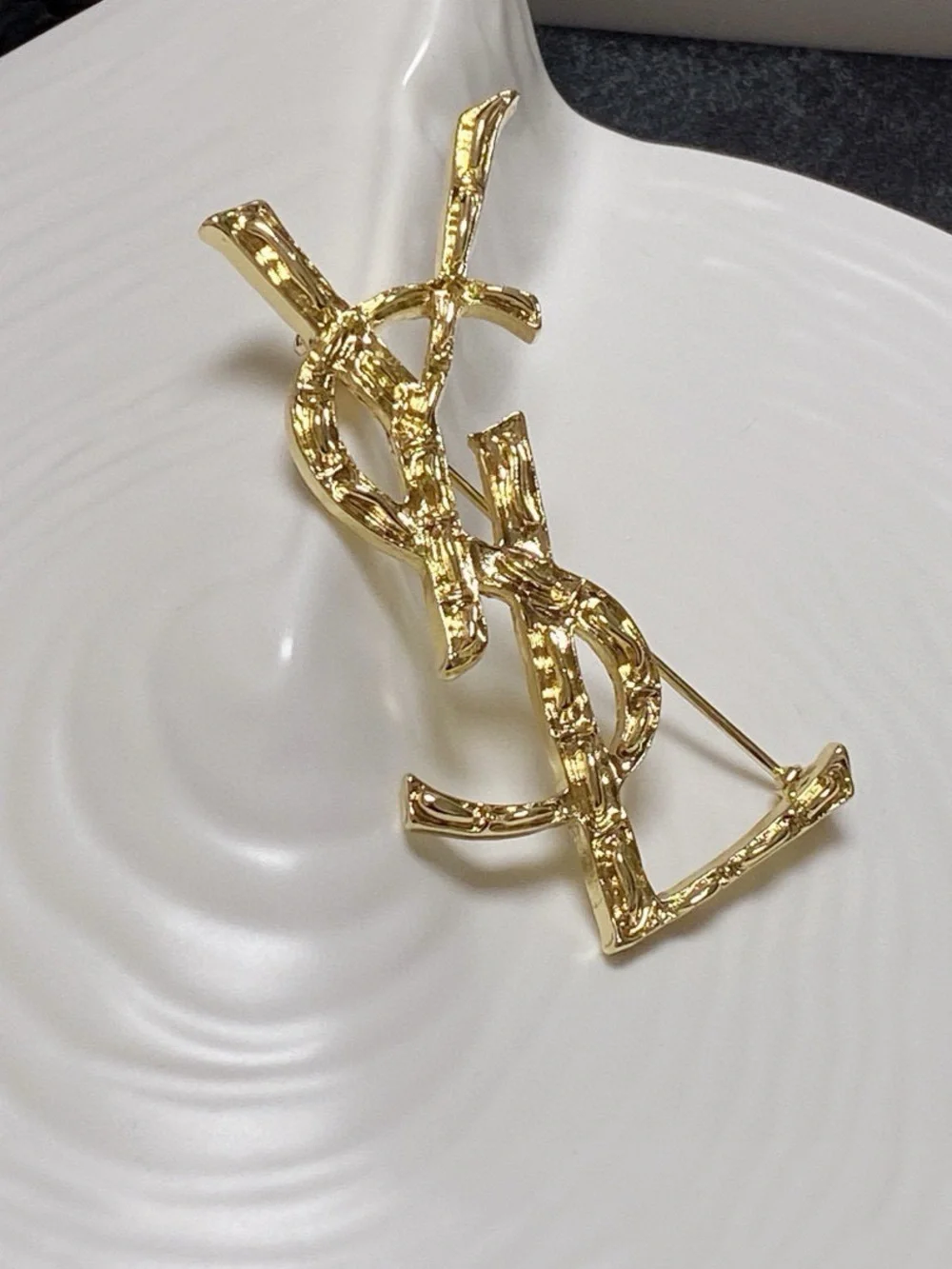 Saint Laurent Gold Textured YSL Logo Pin